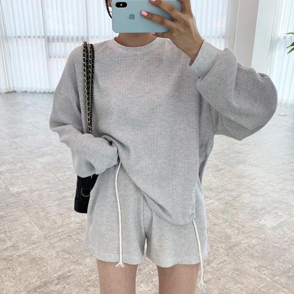 women's tracksuits two piece set women korea simple solid o-neck pullover causal side slit long sleeve + high waist elastic shorts sets, Gray
women's tracksuits two piece set women korea simple solid o-neck pullover causal side slit long sleeve + high waist elastic shorts sets, Gray