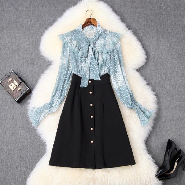 casual dresses runway 2021 spring and summer bow print work dress women clothing mini party full sleeved ruffle shirt, Black;gray