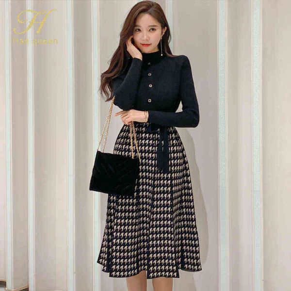 h han queen winter women vintage color block houndstooth knitted dresses lace-up office dress elegant bottoming sweater vestidos g1214, Black;gray
h han queen winter women vintage color block houndstooth knitted dresses lace-up office dress elegant bottoming sweater vestidos g1214, Black;gray
