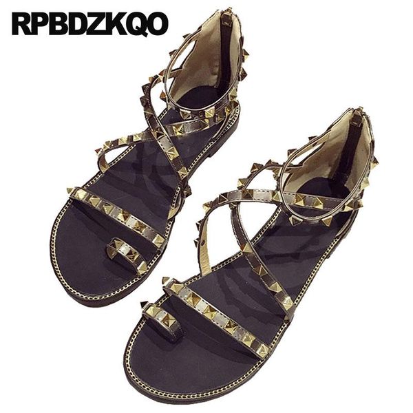 women ankle strap sandals fashion rivet stud shoes toe ring strappy gladiator designer flat summer runway, Black
women ankle strap sandals fashion rivet stud shoes toe ring strappy gladiator designer flat summer runway, Black