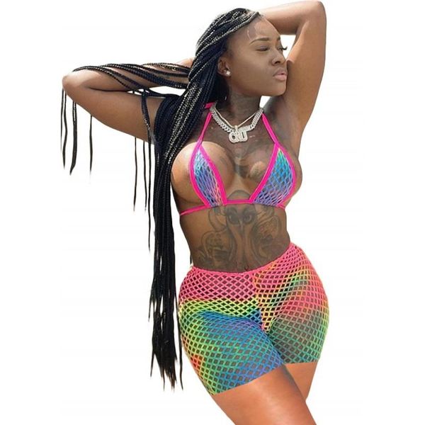 women's swimwear mesh grid bikini set women lace up halter bra crop and shorts suit fashion gradient hollow beach sets, White;black
women's swimwear mesh grid bikini set women lace up halter bra crop and shorts suit fashion gradient hollow beach sets, White;black