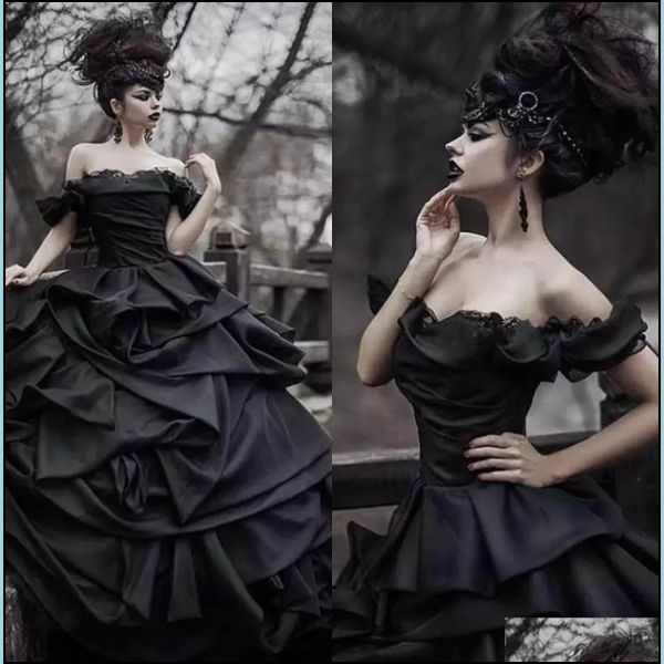 black gothic wedding dresses bridal gown lace applique ruffles off the shoulder sweep train custom made castle plus size vestidos de novia, White
black gothic wedding dresses bridal gown lace applique ruffles off the shoulder sweep train custom made castle plus size vestidos de novia, White