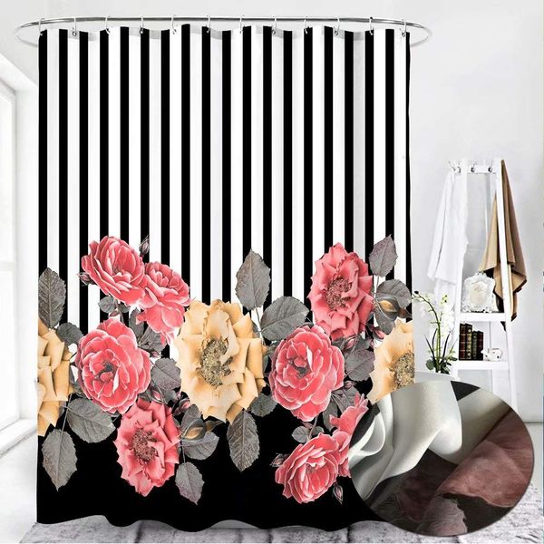 bath black white stripes pink roses shower curtain with 12 hooks for bathroom, elegant pongee fabric decorative bath curtain
bath black white stripes pink roses shower curtain with 12 hooks for bathroom, elegant pongee fabric decorative bath curtain