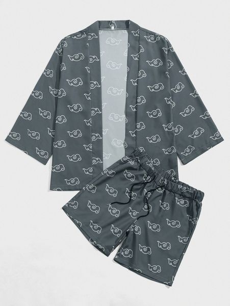 men clouds print open front kimono & drawstring waist shorts c53s#, Gray
men clouds print open front kimono & drawstring waist shorts c53s#, Gray