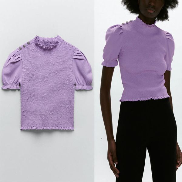 sweaters purple knit sweater women short sleeve ruffle smocked elastic pullover woman chic jewel button spring knitted top, White;black
sweaters purple knit sweater women short sleeve ruffle smocked elastic pullover woman chic jewel button spring knitted top, White;black