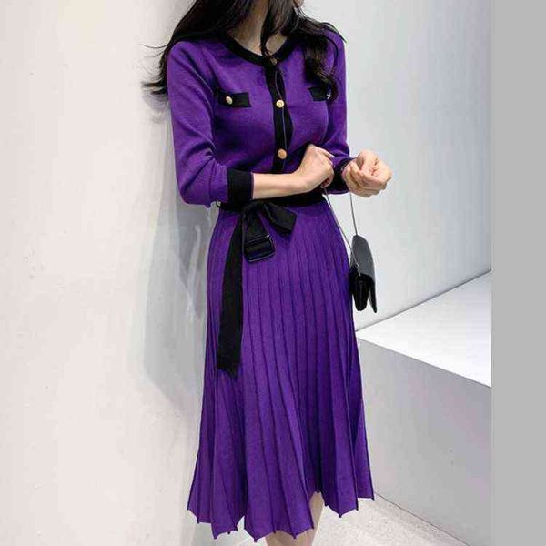 autumn winter women knit elegant pleated dress vestidos korea chic temperament purple o-neck long sleeve sashes party dress robe y1204, Black;gray 
autumn winter women knit elegant pleated dress vestidos korea chic temperament purple o-neck long sleeve sashes party dress robe y1204, Black;gray