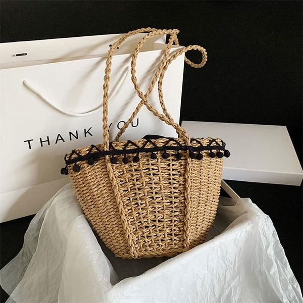 duffel bags 066c women woven straw shoulder bag basket with pom lace trim beach tote handbag
duffel bags 066c women woven straw shoulder bag basket with pom lace trim beach tote handbag