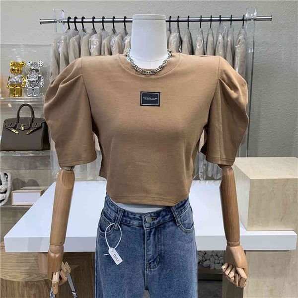 polos design of niche round collar letters labelled thin waist high harvest midriff bubble short t top, White
polos design of niche round collar letters labelled thin waist high harvest midriff bubble short t top, White