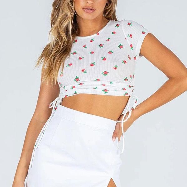 women's t-shirt 2021 o neck short sleeve crop drawstring women t-shirts summer fashion floral print casual shirts harajuku pullover, White
women's t-shirt 2021 o neck short sleeve crop drawstring women t-shirts summer fashion floral print casual shirts harajuku pullover, White