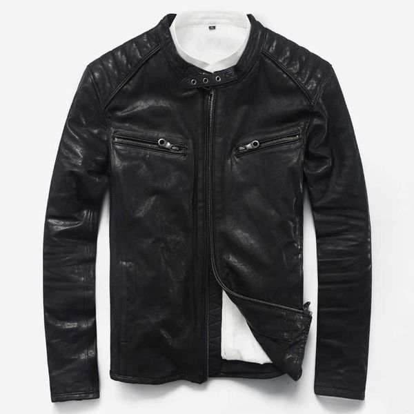 men's leather & faux genuine jacket sheepskin slim stand collar motorcycle clothing casual coat, Black 
men's leather & faux genuine jacket sheepskin slim stand collar motorcycle clothing casual coat, Black