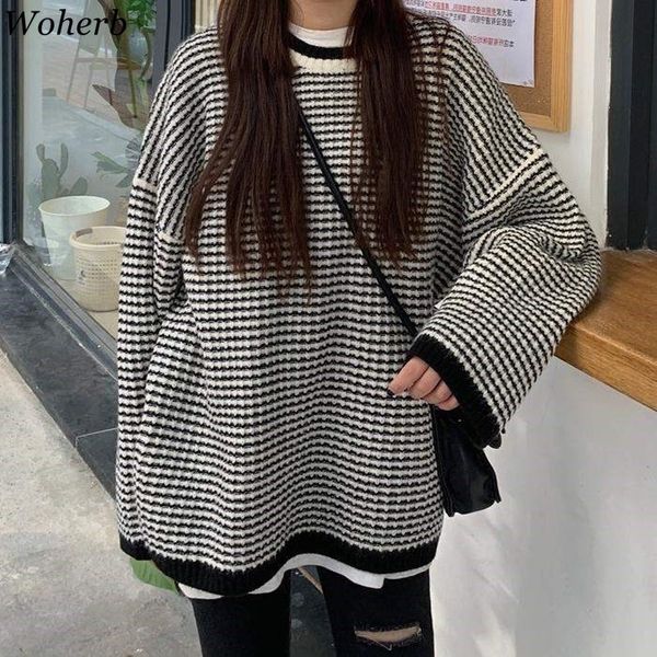 autumn oversized striped sweater women korean plus size knitted pullover casual loose streetwear femme jumper 210417, White;black
autumn oversized striped sweater women korean plus size knitted pullover casual loose streetwear femme jumper 210417, White;black