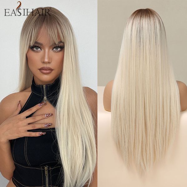long straight brown to light blonde ombre synthetic wigs with bangs natural hair wigs for women daily heat resistant, Black
long straight brown to light blonde ombre synthetic wigs with bangs natural hair wigs for women daily heat resistant, Black