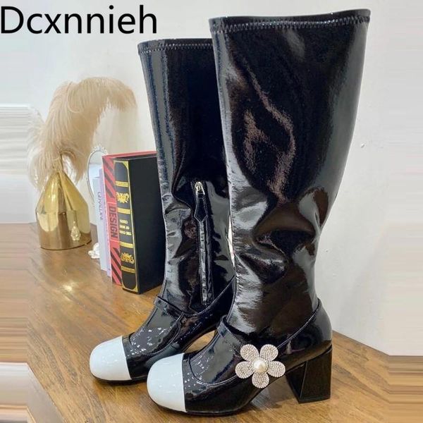 boots crystal flower decor women knee high shiny leather gorgeous chunky heel squared nice bootie runway shoes mujer, Black
boots crystal flower decor women knee high shiny leather gorgeous chunky heel squared nice bootie runway shoes mujer, Black