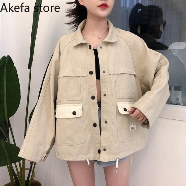 women's jackets 2021 spring autumn denim jacket female tooling loose fashion big pocket women coats and, Black;brown 
women's jackets 2021 spring autumn denim jacket female tooling loose fashion big pocket women coats and, Black;brown