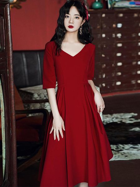 fashion v-neck half-sleeve wedding dress burgundy a-line long prom formal gowns vestidos de festa ethnic clothing, Red
fashion v-neck half-sleeve wedding dress burgundy a-line long prom formal gowns vestidos de festa ethnic clothing, Red