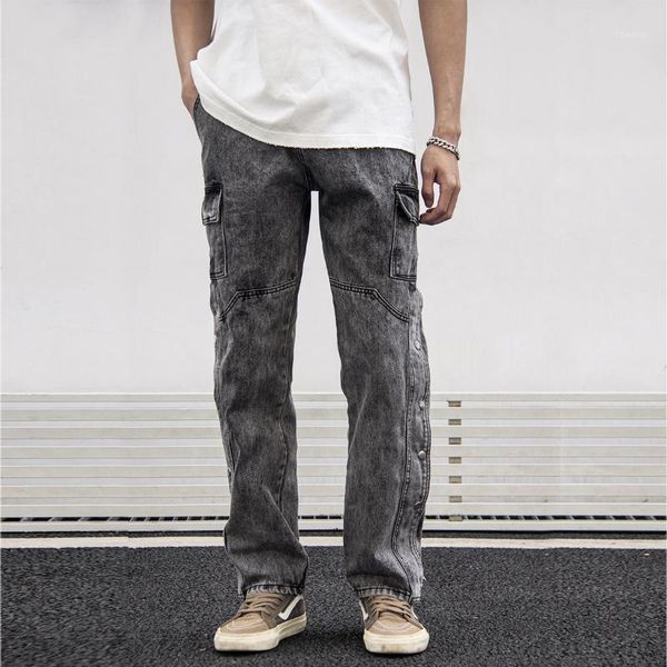 men's casual straight sports pants breasted wash loose wide leg fashion brand solid color large pocket jeans, Blue
men's casual straight sports pants breasted wash loose wide leg fashion brand solid color large pocket jeans, Blue