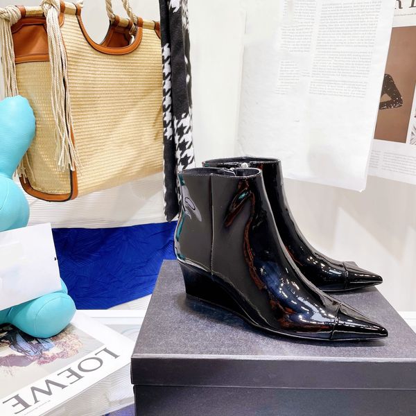 wedges ankle boots women patent leather short boots pointed toe med heels designer shoes zipper genuine leather botas de mujer, Black
wedges ankle boots women patent leather short boots pointed toe med heels designer shoes zipper genuine leather botas de mujer, Black