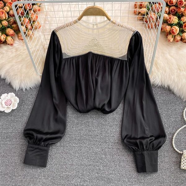 women's blouses & shirts high end light luxury celebrity nail bead o-neck mesh splicing color matching loose thin shirt france, White
women's blouses & shirts high end light luxury celebrity nail bead o-neck mesh splicing color matching loose thin shirt france, White