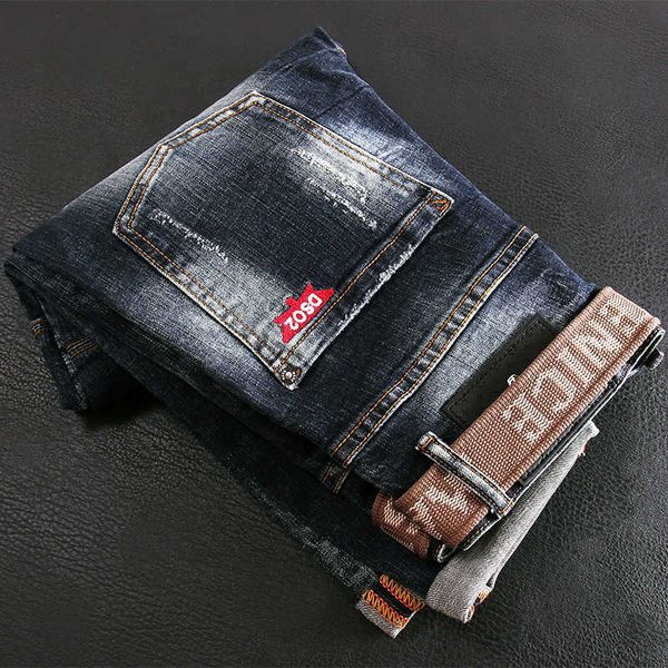 american street style fashion men jeans retro dark blue elastic slim ripped spliced designer hip hop denim biker pants a5en
american street style fashion men jeans retro dark blue elastic slim ripped spliced designer hip hop denim biker pants a5en