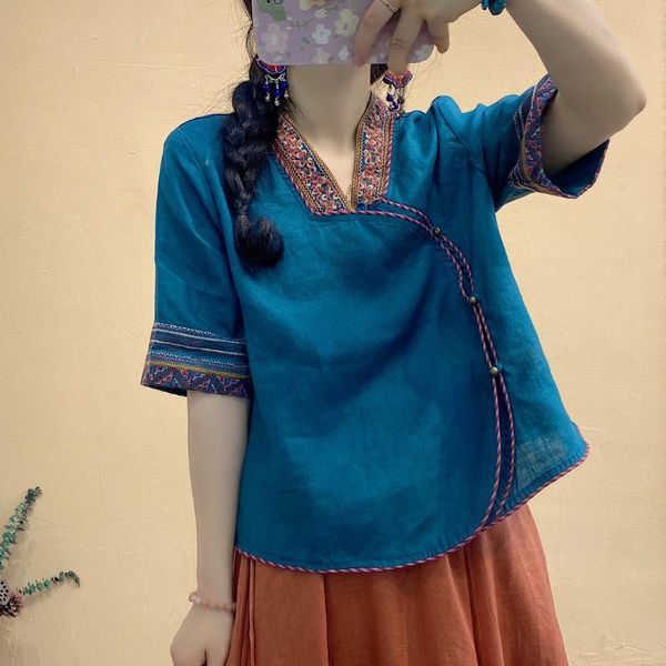 women's blouses & shirts retro women shirt summer national style heavy industry embroidery pure linen short-sleeved casual blouse, White
women's blouses & shirts retro women shirt summer national style heavy industry embroidery pure linen short-sleeved casual blouse, White