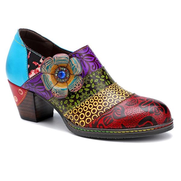 boots style leather high-heeled women's shoes summer handmade printing national, Black