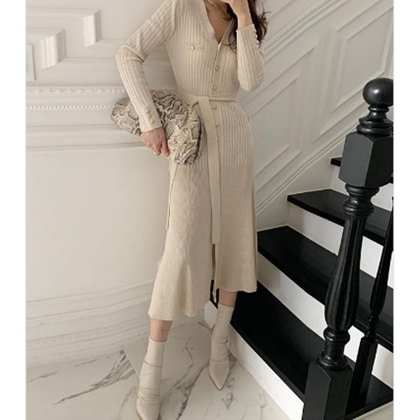 casual dresses one-piece women sweater dress korean elegant single-breasted long sleeve lady knitting french v-neck belt vestidos, Black;gray
casual dresses one-piece women sweater dress korean elegant single-breasted long sleeve lady knitting french v-neck belt vestidos, Black;gray