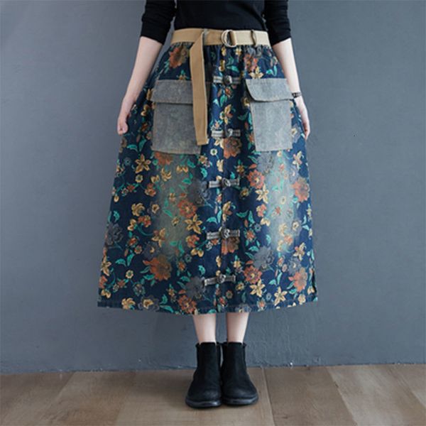 skirts arrival spring autumn arts style women high waist loose double pocket vintage print denim long skirt s13 qm4j, Black 
skirts arrival spring autumn arts style women high waist loose double pocket vintage print denim long skirt s13 qm4j, Black