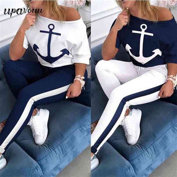 summer leisure sports suit women's round neck short sleeve anchor print t-shirt & two-piece elastic pants 210524, White 
summer leisure sports suit women's round neck short sleeve anchor print t-shirt & two-piece elastic pants 210524, White