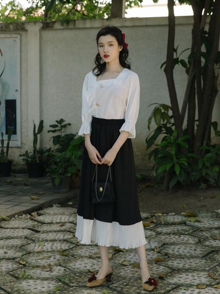 fashion women's clothing flare sleeve square collar vintage 2 piece outfits for women two dress, White
fashion women's clothing flare sleeve square collar vintage 2 piece outfits for women two dress, White