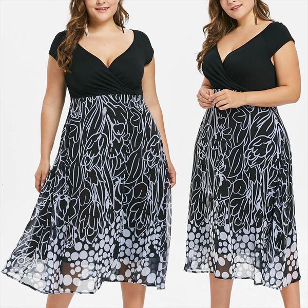 plus size summer elegant womens dresses v neck high waist short sleeve printed swing hem oversized holiday vestidos, Black;gray
plus size summer elegant womens dresses v neck high waist short sleeve printed swing hem oversized holiday vestidos, Black;gray