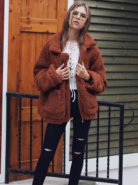 women's fur & faux winter oversized coat women natural teddy bear jacket pockets lapel casual loose plus size overcoat, Black
women's fur & faux winter oversized coat women natural teddy bear jacket pockets lapel casual loose plus size overcoat, Black