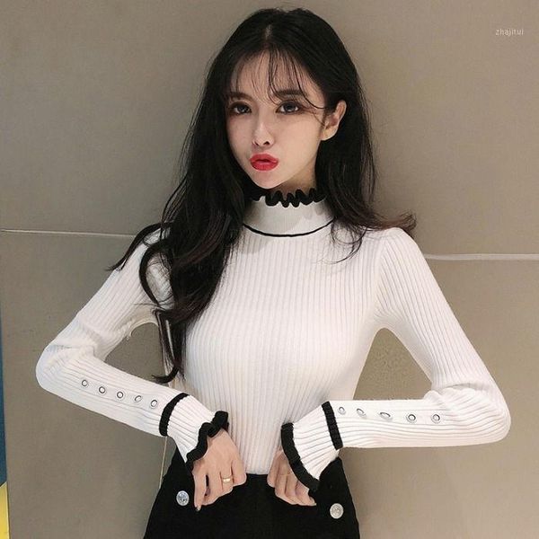 korean woman fashion simple office lady turtleneck sweater wood ears french retro temperament goddess slim knit women's sweaters, White;black
korean woman fashion simple office lady turtleneck sweater wood ears french retro temperament goddess slim knit women's sweaters, White;black