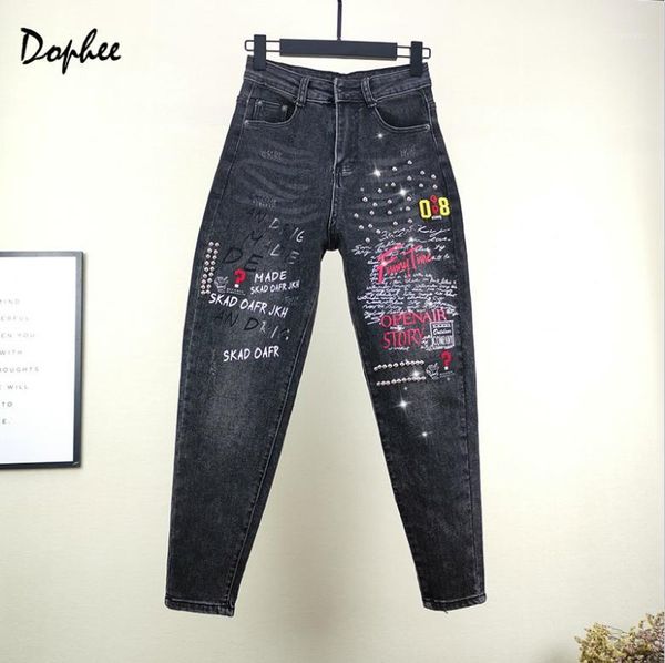 women's jeans 2021 print letter black high waist women autumn streetwear loose denim embroidered flares ankle-length pants, Blue
women's jeans 2021 print letter black high waist women autumn streetwear loose denim embroidered flares ankle-length pants, Blue
