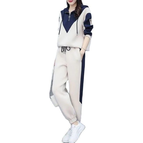 women's two piece pants casual fashion sports suit female 2021 spring loose waist slimming stitching sweater set women, White
women's two piece pants casual fashion sports suit female 2021 spring loose waist slimming stitching sweater set women, White
