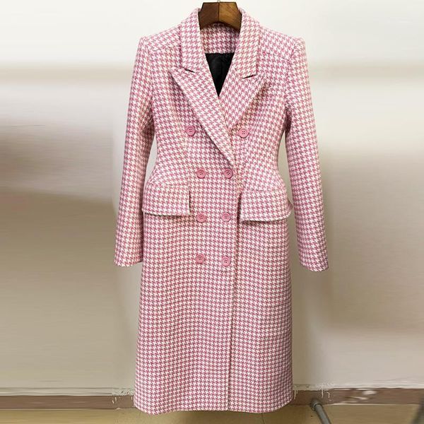 est winter 2021 designer overcoat women's double breasted pink houndstooth tweed wool long coat & blends, Black
est winter 2021 designer overcoat women's double breasted pink houndstooth tweed wool long coat & blends, Black