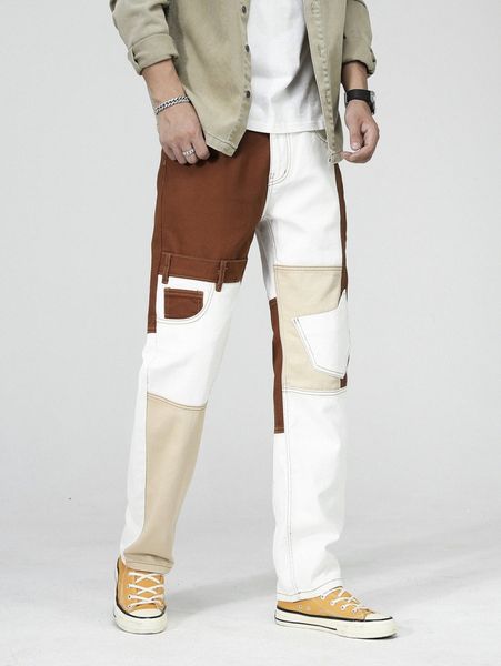 men colorblock straight leg jeans z79z#, Blue 
men colorblock straight leg jeans z79z#, Blue