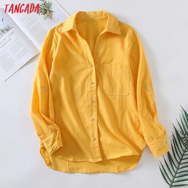 tangada women vintage yellow cotton linen shirt long sleeve chic female casual loose shirt 6h76 210609, White 
tangada women vintage yellow cotton linen shirt long sleeve chic female casual loose shirt 6h76 210609, White