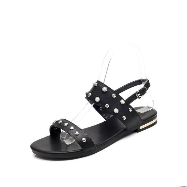 women sandals pu+cow leather flat heel summer fashion shoes black all match size 31-46