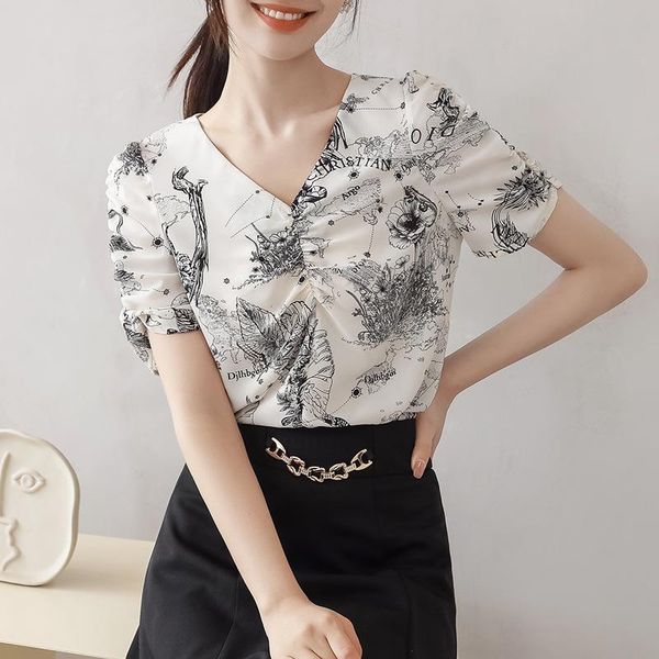 women's blouses & shirts 2021 summer v neck chiffon shirt mujer short puff sleeve folds flowers print office lady working elegant wome, White
women's blouses & shirts 2021 summer v neck chiffon shirt mujer short puff sleeve folds flowers print office lady working elegant wome, White