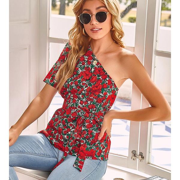 women's t-shirt ladies summer personality solid color floral print strapless slanted collar one shoulder casual slim style, White
women's t-shirt ladies summer personality solid color floral print strapless slanted collar one shoulder casual slim style, White
