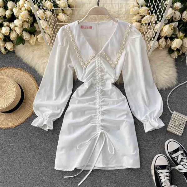 women autumn dress v-neck long sleeve pearl buckle decorative drawstring slim fit puffed sleeves nipped hip a- line pl428 210506, Black;gray 
women autumn dress v-neck long sleeve pearl buckle decorative drawstring slim fit puffed sleeves nipped hip a- line pl428 210506, Black;gray