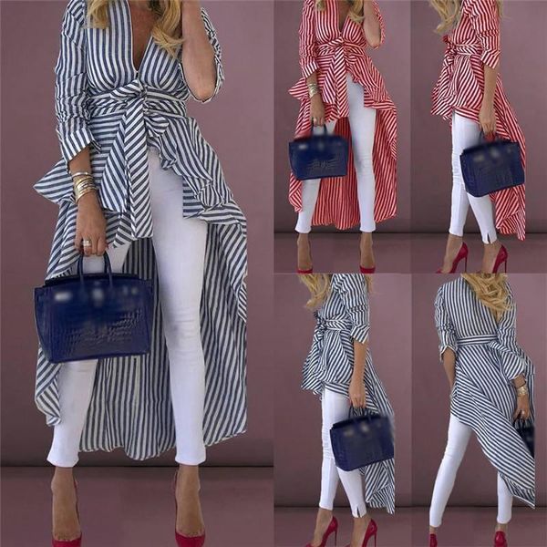 women's trench coats stripe shirts long sleeve v-neck loose with belt front dip hem shirt blouse striped tied high street women, Tan;black
women's trench coats stripe shirts long sleeve v-neck loose with belt front dip hem shirt blouse striped tied high street women, Tan;black