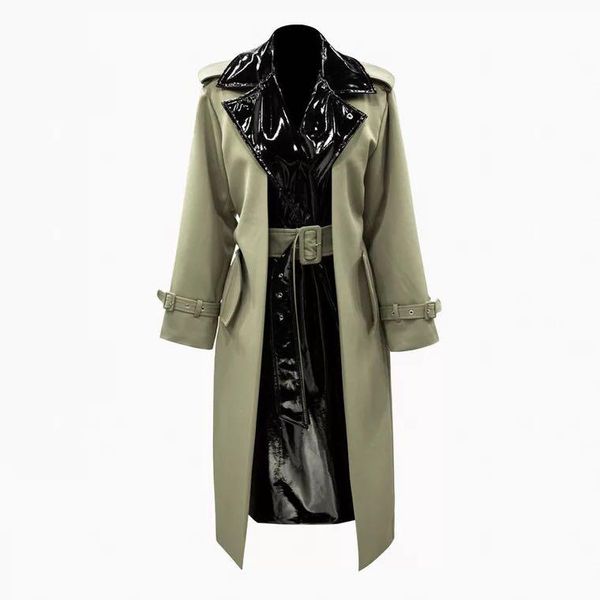 women's trench coats fake two pieces women windbreaker glossy pu patchwork cotton coat turn down collar long section adjustable belt, Tan;black
women's trench coats fake two pieces women windbreaker glossy pu patchwork cotton coat turn down collar long section adjustable belt, Tan;black