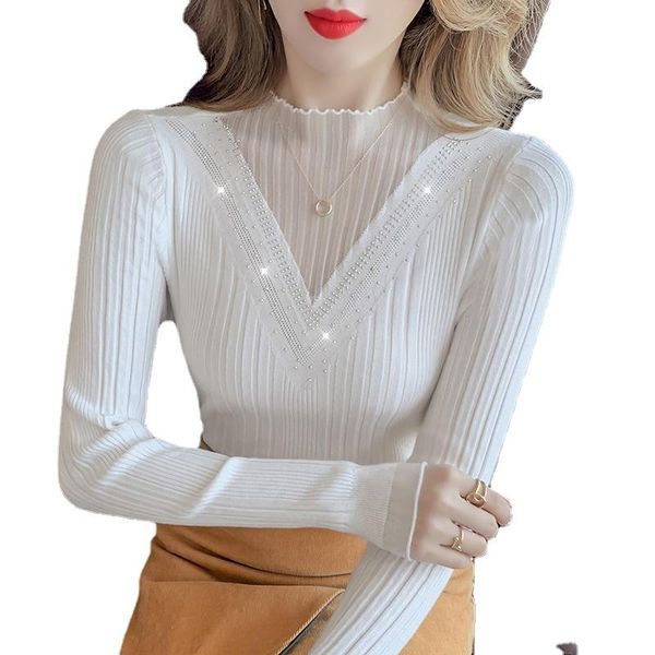 women's sweaters knitwear autumn 2021 mesh rhinestones fashion slim bottoming shirt with long sleeves inside., White;black
women's sweaters knitwear autumn 2021 mesh rhinestones fashion slim bottoming shirt with long sleeves inside., White;black