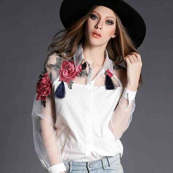 women fashion blusas elegant organza flower embroidery long sleeve shirt casual plus size s-3xl, White
women fashion blusas elegant organza flower embroidery long sleeve shirt casual plus size s-3xl, White