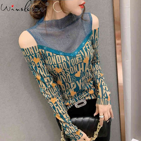 women's t-shirt fall winter korean style t-shirt fashion shiny print diamonds off shouder patchwork mesh women ropa muje, White
women's t-shirt fall winter korean style t-shirt fashion shiny print diamonds off shouder patchwork mesh women ropa muje, White