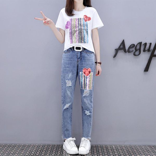 women's tracksuits women 2 piece set summer appliques sequined cotton tshirts+hole denim pants suit sequins jeans clothing plus size, Gray
women's tracksuits women 2 piece set summer appliques sequined cotton tshirts+hole denim pants suit sequins jeans clothing plus size, Gray