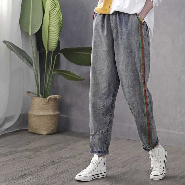 women's jeans arrival spring arts style women elastic waist casual cotton denim harem pants side stripe loose vintage trousers m33, Blue
women's jeans arrival spring arts style women elastic waist casual cotton denim harem pants side stripe loose vintage trousers m33, Blue