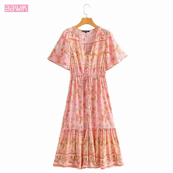 women vintage v-neck short-sleeved waist dress fashion breasted floral print chic female midi dresses mujer 210507, Black;gray
women vintage v-neck short-sleeved waist dress fashion breasted floral print chic female midi dresses mujer 210507, Black;gray