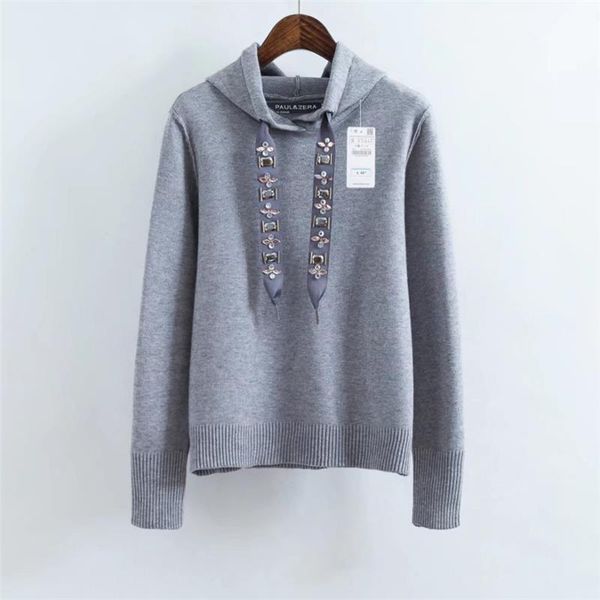 autumn hooded jacket jewelry womens sweaters belt decorated with knit loose, White;black
autumn hooded jacket jewelry womens sweaters belt decorated with knit loose, White;black